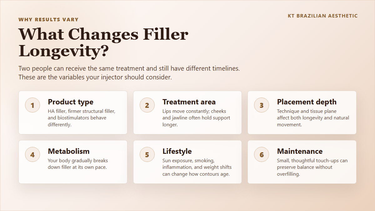Infographic listing factors that affect filler longevity including product, area, movement, metabolism, lifestyle, and maintenance.