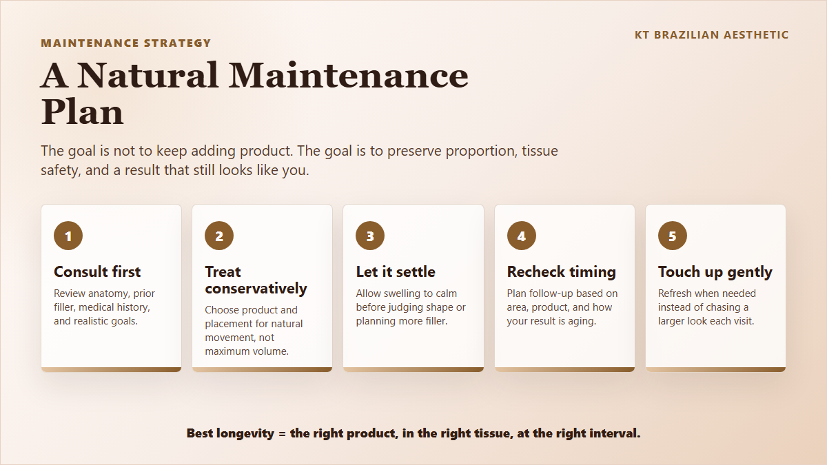 Infographic showing a natural dermal filler maintenance plan from consultation to conservative treatment, settling, check-ins, and touch-ups.