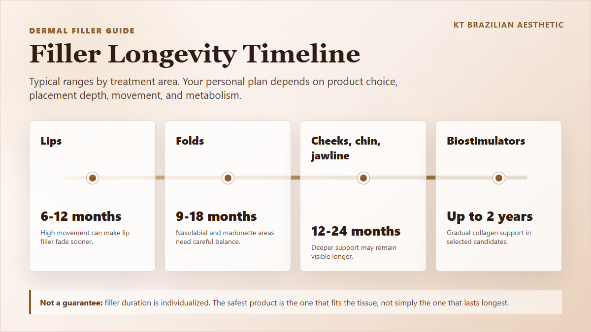 Infographic showing filler longevity by treatment area, from lips at 6 to 12 months to biostimulators up to 2 years.