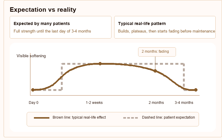 Botox longevity expectation versus reality graph showing the dashed patient expectation line and the brown typical real-life effect curve.